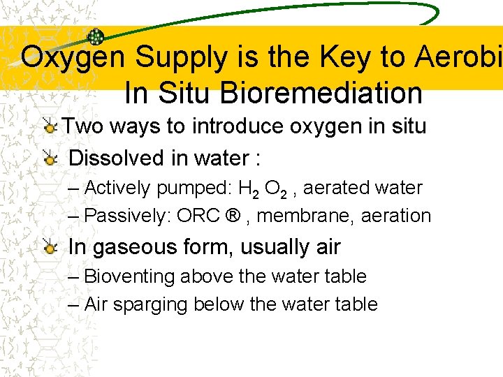 Oxygen Supply is the Key to Aerobi In Situ Bioremediation Two ways to introduce