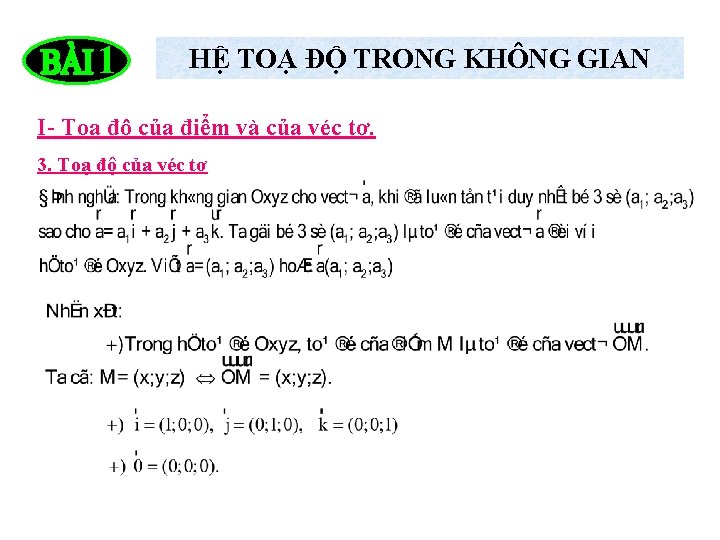 1 HỆ TOẠ ĐỘ TRONG KHÔNG GIAN I- Toạ độ của điểm và của 1 HỆ TOẠ ĐỘ TRONG KHÔNG GIAN I- Toạ độ của điểm và của