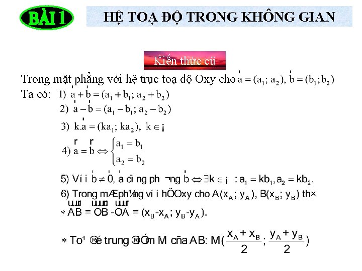 1 HỆ TOẠ ĐỘ TRONG KHÔNG GIAN Kiến thức cũ Trong mặt phẳng với 1 HỆ TOẠ ĐỘ TRONG KHÔNG GIAN Kiến thức cũ Trong mặt phẳng với