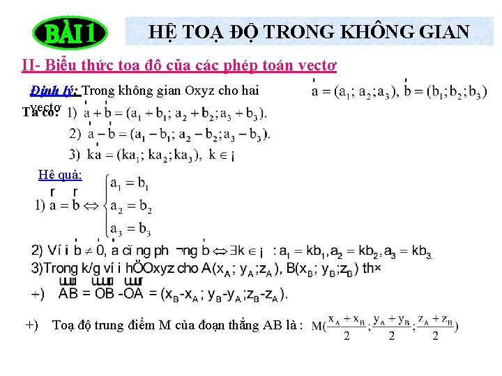 1 HỆ TOẠ ĐỘ TRONG KHÔNG GIAN II- Biểu thức toạ độ của các 1 HỆ TOẠ ĐỘ TRONG KHÔNG GIAN II- Biểu thức toạ độ của các