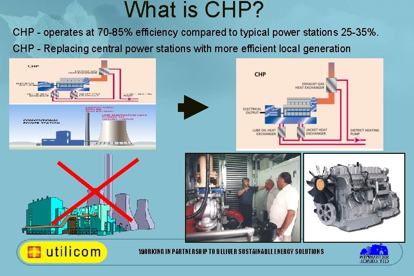 What is CHP? CHP - operates at 70 -85% efficiency compared to typical power