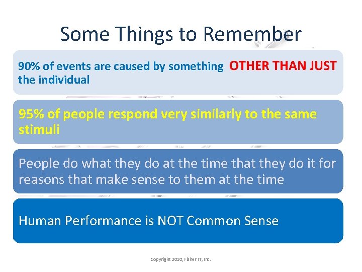 Some Things to Remember 90% of events are caused by something OTHER THAN JUST