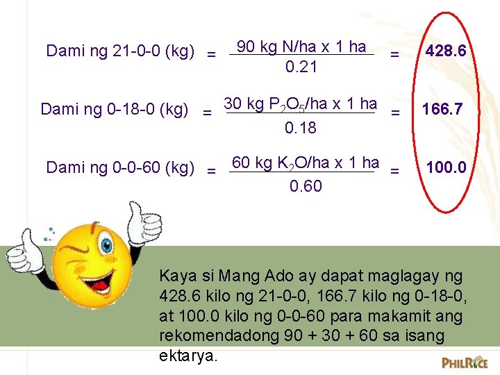 Dami ng 21 -0 -0 (kg) = 90 kg N/ha x 1 ha 0.