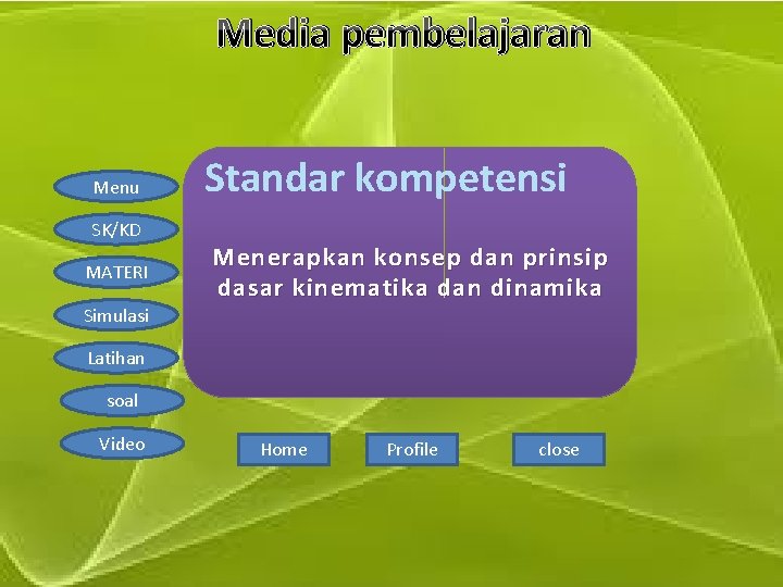 Media pembelajaran Menu SK/KD MATERI Simulasi Standar kompetensi Menerapkan konsep dan prinsip dasar kinematika