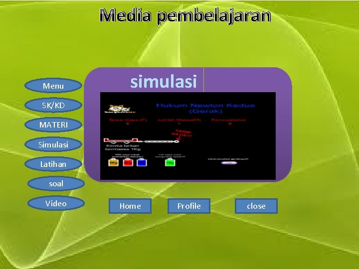 Media pembelajaran Menu simulasi SK/KD MATERI Simulasi Latihan soal Video Home Profile close 
