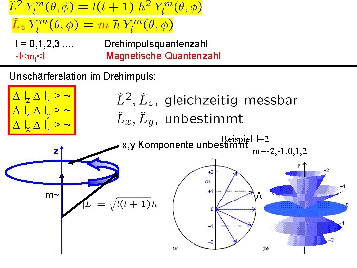 l = 0, 1, 2, 3. . -l<ml<l Drehimpulsquantenzahl Magnetische Quantenzahl Unschärferelation im Drehimpuls: