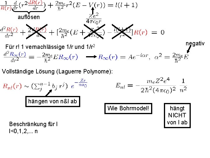 auflösen negativ Für r! 1 vernachlässige 1/r und 1/r 2 Vollständige Lösung (Laguerre Polynome):