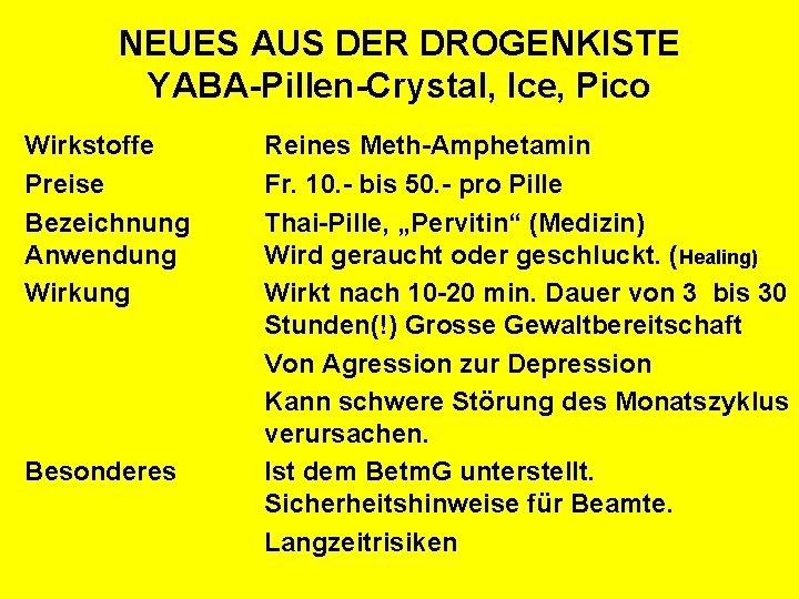 NEUES AUS DER DROGENKISTE YABA-Pillen-Crystal, Ice, Pico Wirkstoffe Preise Bezeichnung Anwendung Wirkung Besonderes Reines