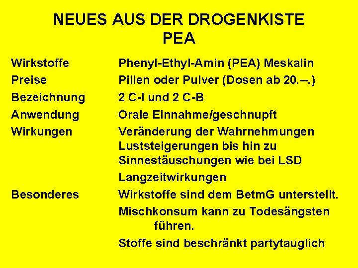 NEUES AUS DER DROGENKISTE PEA Wirkstoffe Preise Bezeichnung Anwendung Wirkungen Besonderes Phenyl-Ethyl-Amin (PEA) Meskalin