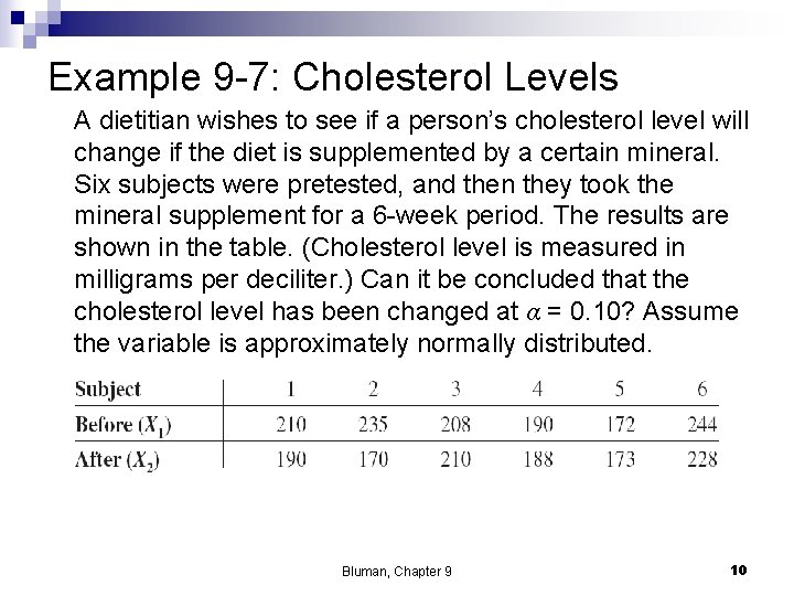 Example 9 -7: Cholesterol Levels A dietitian wishes to see if a person’s cholesterol