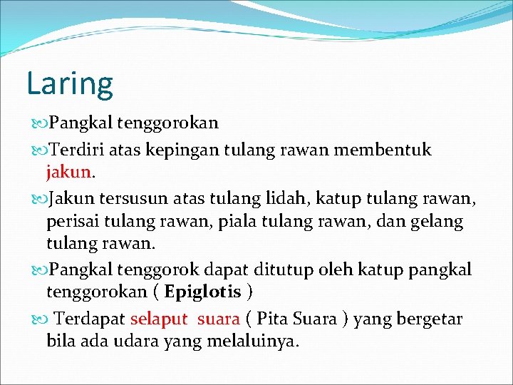 Laring Pangkal tenggorokan Terdiri atas kepingan tulang rawan membentuk jakun. Jakun tersusun atas tulang