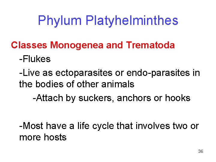 Phylum Platyhelminthes Classes Monogenea and Trematoda -Flukes -Live as ectoparasites or endo-parasites in the
