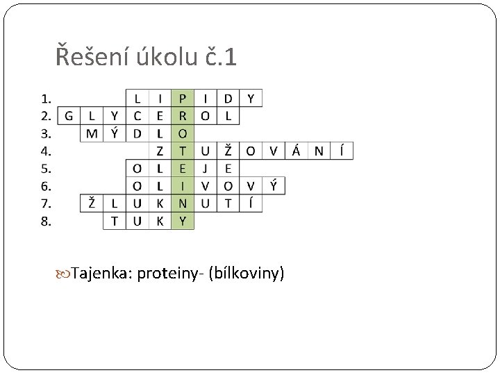 Řešení úkolu č. 1 Tajenka: proteiny- (bílkoviny) 
