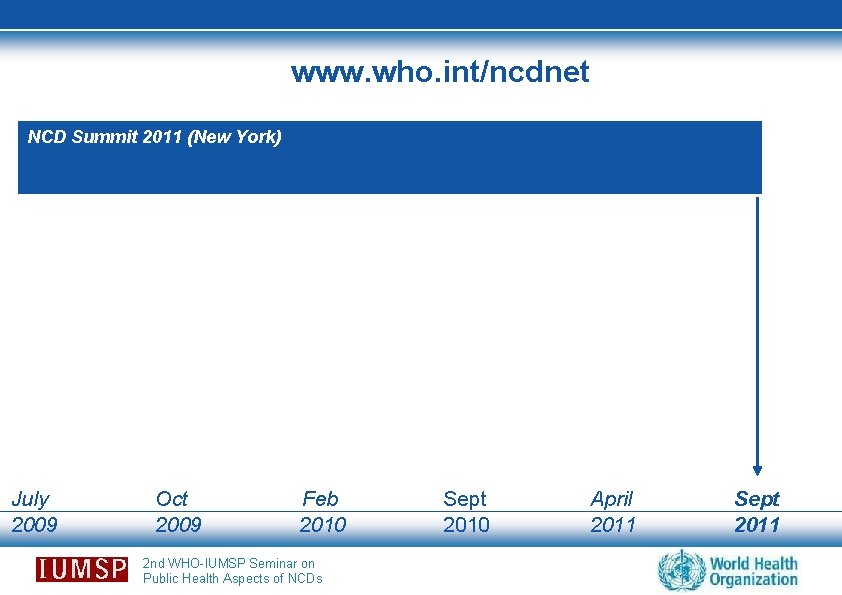 www. who. int/ncdnet NCD Summit 2011 (New York) July 2009 Oct 2009 Feb 2010