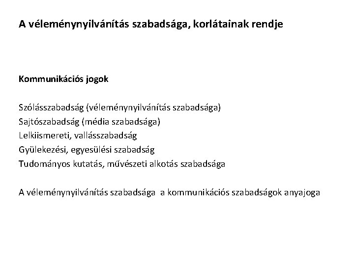 A véleménynyilvánítás szabadsága, korlátainak rendje Kommunikációs jogok Szólásszabadság (véleménynyilvánítás szabadsága) Sajtószabadság (média szabadsága) Lelkiismereti,