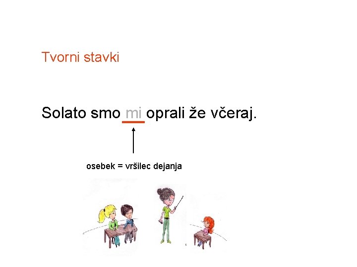 Tvorni stavki Solato smo mi oprali že včeraj. osebek = vršilec dejanja 