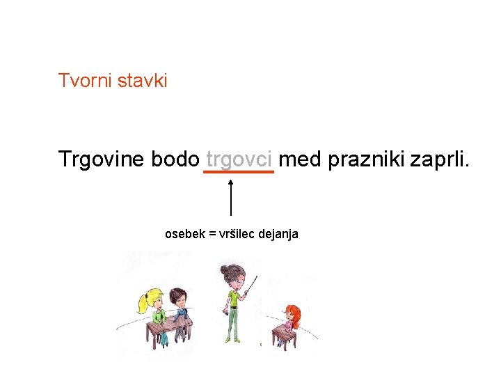 Tvorni stavki Trgovine bodo trgovci med prazniki zaprli. osebek = vršilec dejanja 