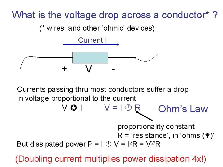 What is the voltage drop across a conductor* ? (* wires, and other ‘ohmic’