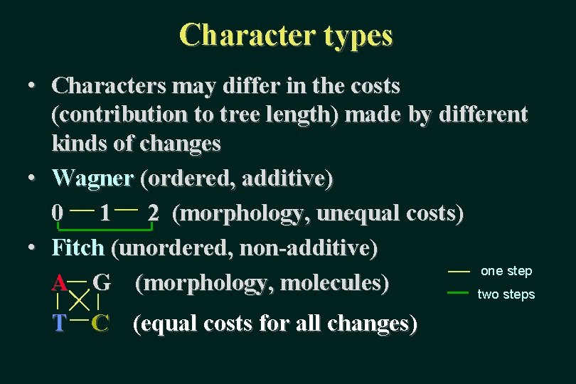 Character types • Characters may differ in the costs (contribution to tree length) made