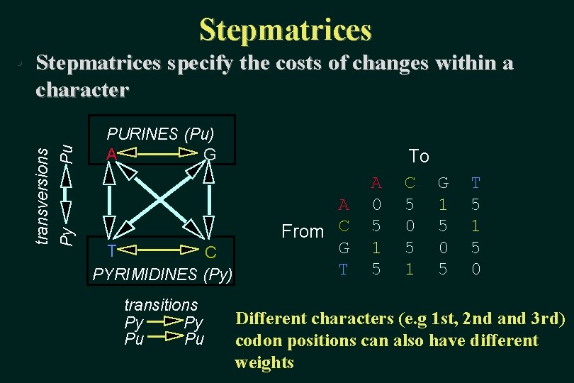 Stepmatrices transversions Py Pu • Stepmatrices specify the costs of changes within a character