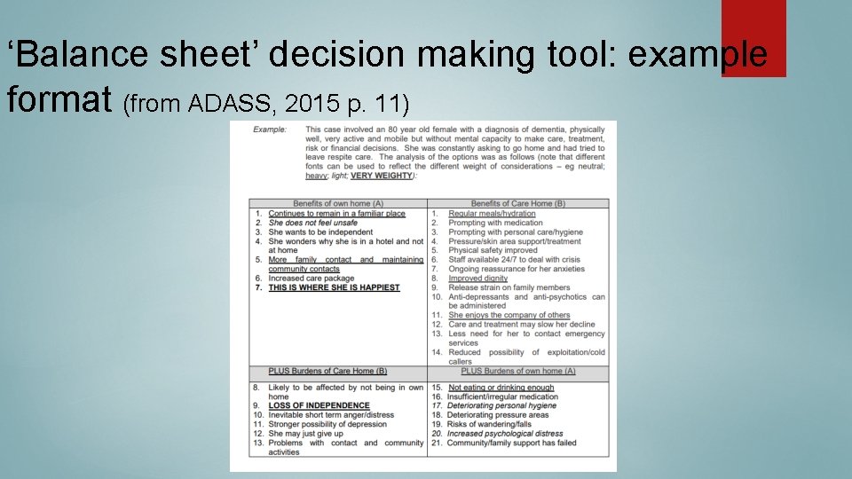 ‘Balance sheet’ decision making tool: example format (from ADASS, 2015 p. 11) ‘Balance sheet’ decision making tool: example format (from ADASS, 2015 p. 11)