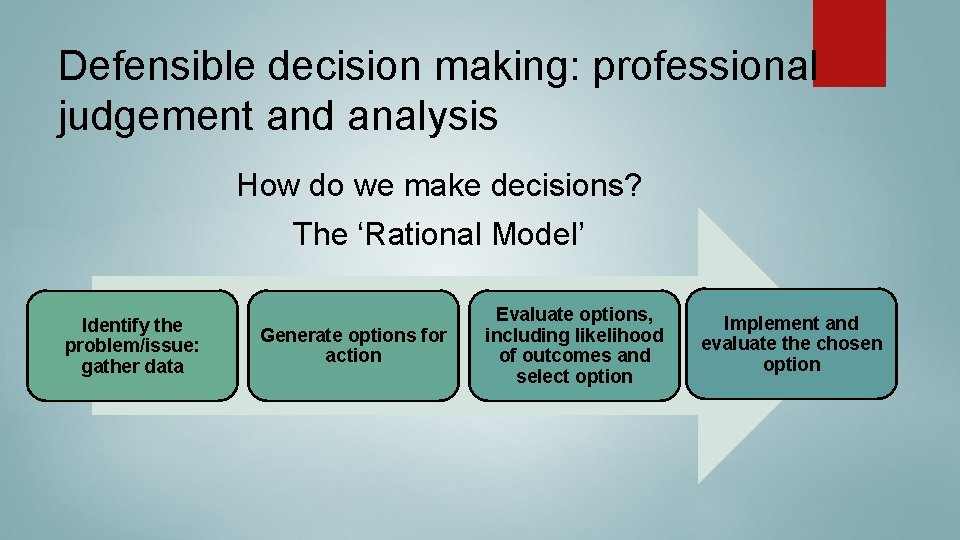 Defensible decision making: professional judgement and analysis How do we make decisions? The ‘Rational