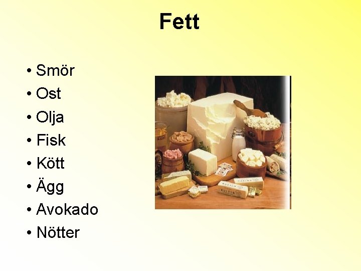 Fett • Smör • Ost • Olja • Fisk • Kött • Ägg •