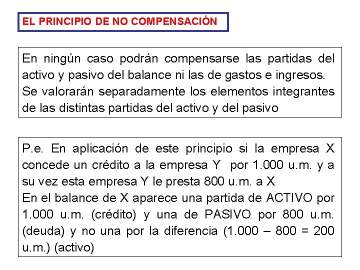 EL PRINCIPIO DE NO COMPENSACIÓN En ningún caso podrán compensarse las partidas del activo
