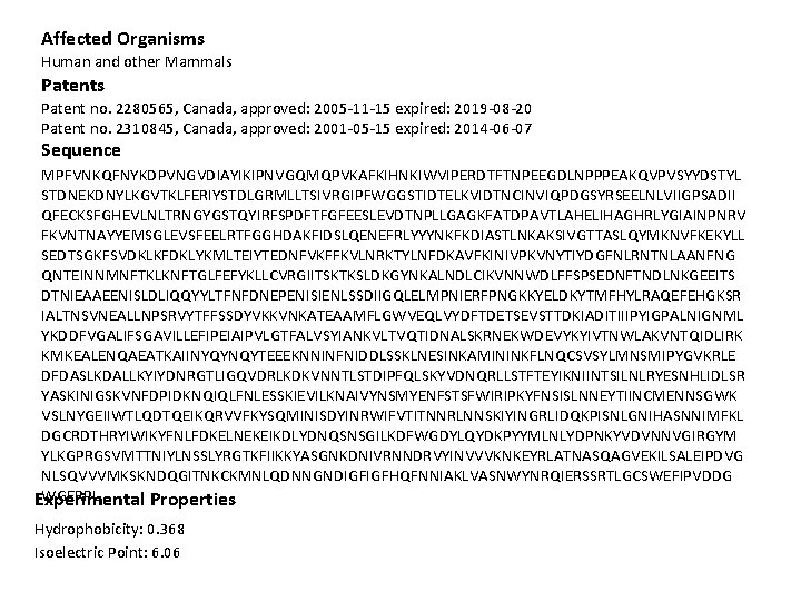 Affected Organisms Human and other Mammals Patent no. 2280565, Canada, approved: 2005 -11 -15