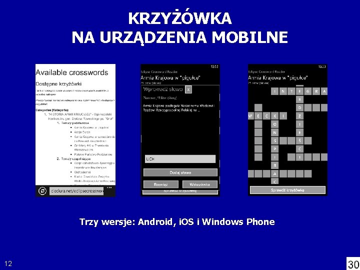 KRZYŻÓWKA NA URZĄDZENIA MOBILNE Trzy wersje: Android, i. OS i Windows Phone 12 