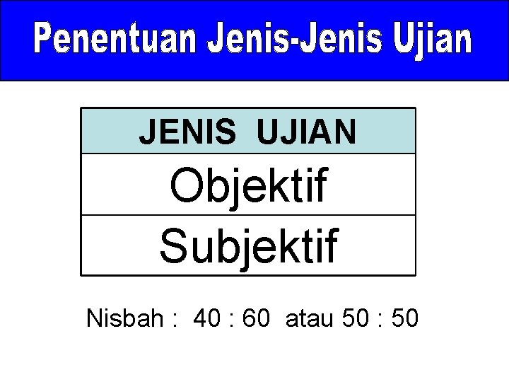 JENIS UJIAN Objektif Subjektif Nisbah : 40 : 60 atau 50 : 50 