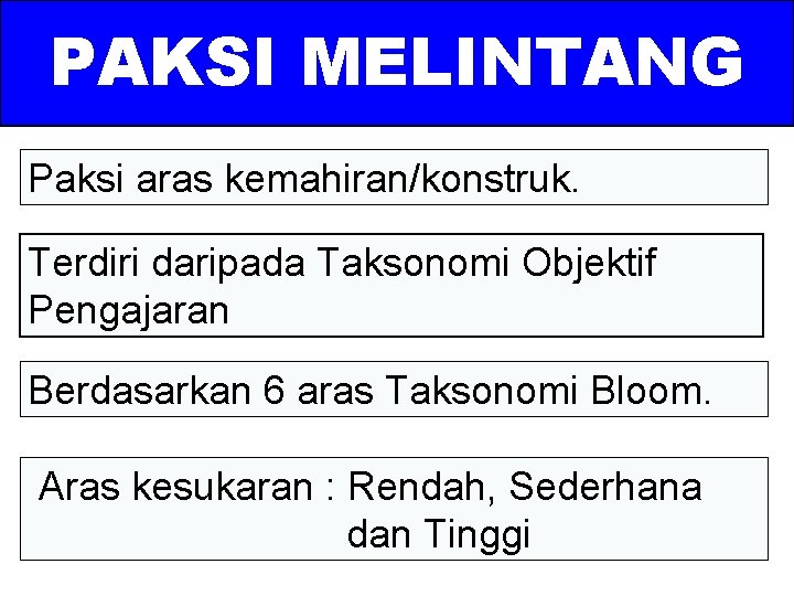 PAKSI MELINTANG Paksi aras kemahiran/konstruk. Terdiri daripada Taksonomi Objektif Pengajaran Berdasarkan 6 aras Taksonomi