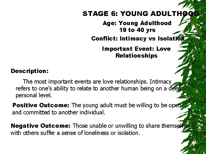 STAGE 6: YOUNG ADULTHOOD Age: Young Adulthood 19 to 40 yrs Conflict: Intimacy vs