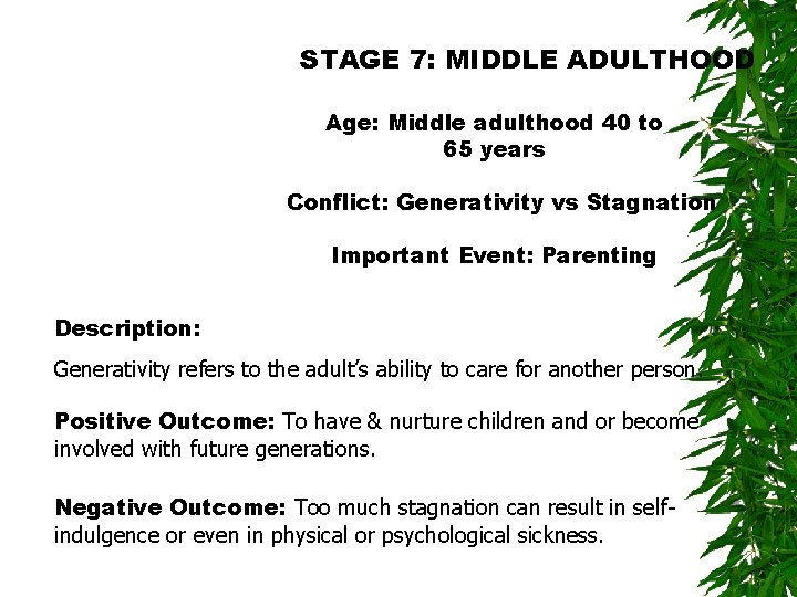 STAGE 7: MIDDLE ADULTHOOD Age: Middle adulthood 40 to 65 years Conflict: Generativity vs