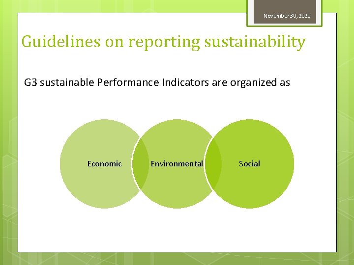 November 30, 2020 Guidelines on reporting sustainability G 3 sustainable Performance Indicators are organized