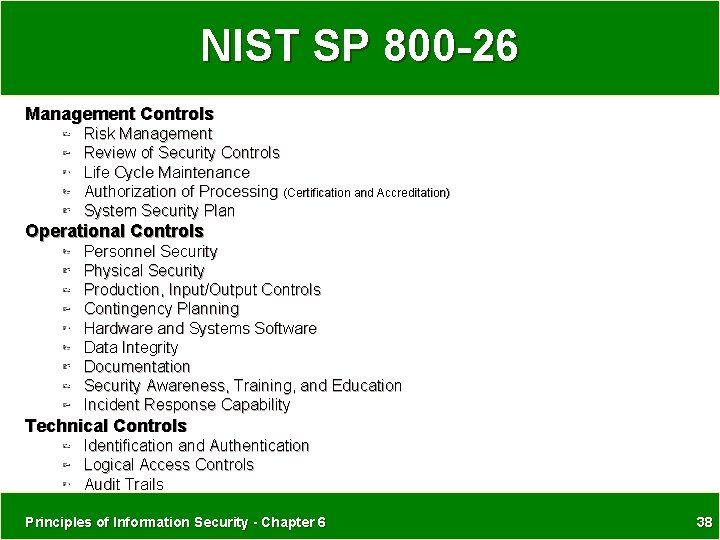 NIST SP 800 -26 Management Controls Risk Management Review of Security Controls Life Cycle