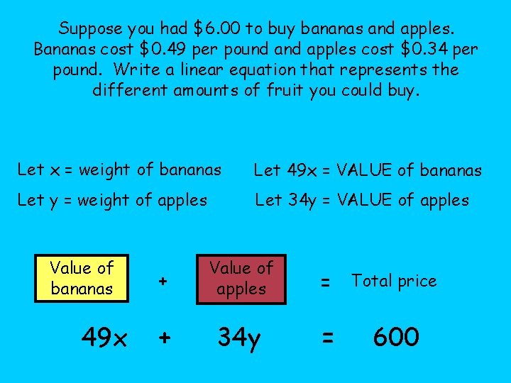 Suppose you had $6. 00 to buy bananas and apples. Bananas cost $0. 49