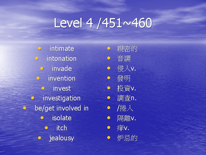 Level 4 /451~460 • intimate • intonation • invade • invention • investigation •