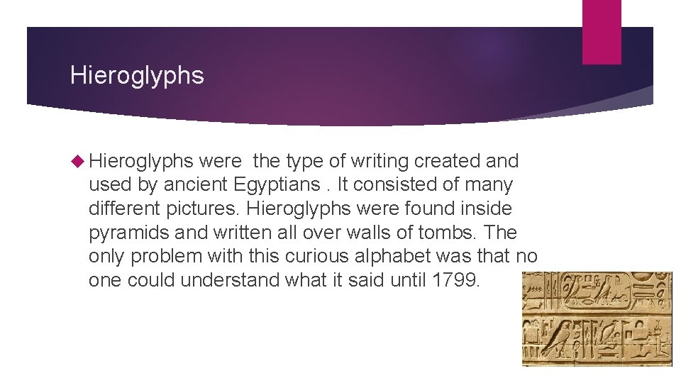 Hieroglyphs were the type of writing created and used by ancient Egyptians. It consisted