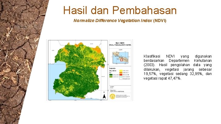 Hasil dan Pembahasan Normalize Difference Vegetation Index (NDVI) 45% Klasifikasi NDVI yang digunakan berdasarkan