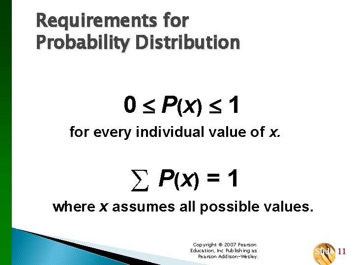 Requirements for Probability Distribution 0 P(x) 1 for every individual value of x. P(x)