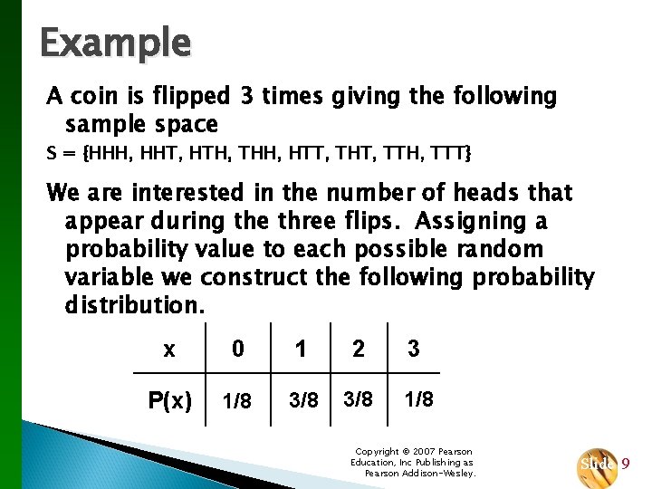 Example A coin is flipped 3 times giving the following sample space S =