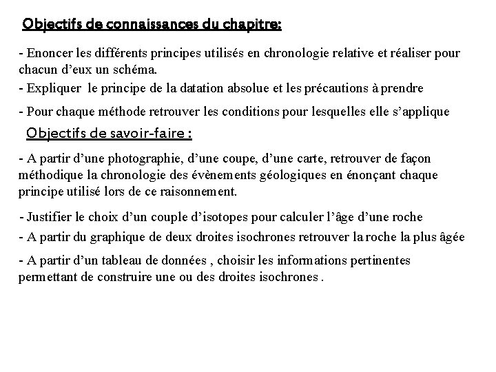 Objectifs de connaissances du chapitre: - Enoncer les différents principes utilisés en chronologie relative