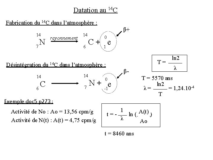 Datation au 14 C Fabrication du 14 C dans l’atmosphère : 14 7 N