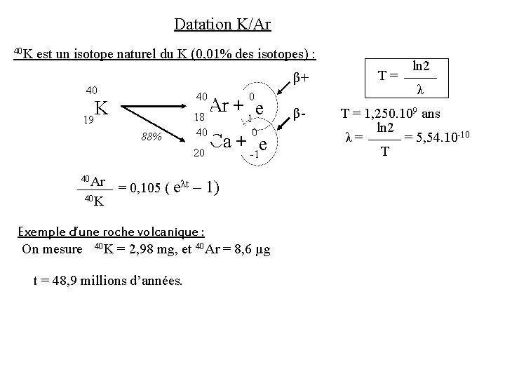 Datation K/Ar 40 K est un isotope naturel du K (0, 01% des isotopes)