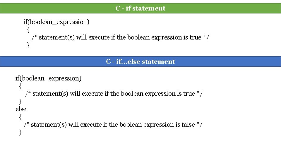 C - if statement if(boolean_expression) { /* statement(s) will execute if the boolean expression