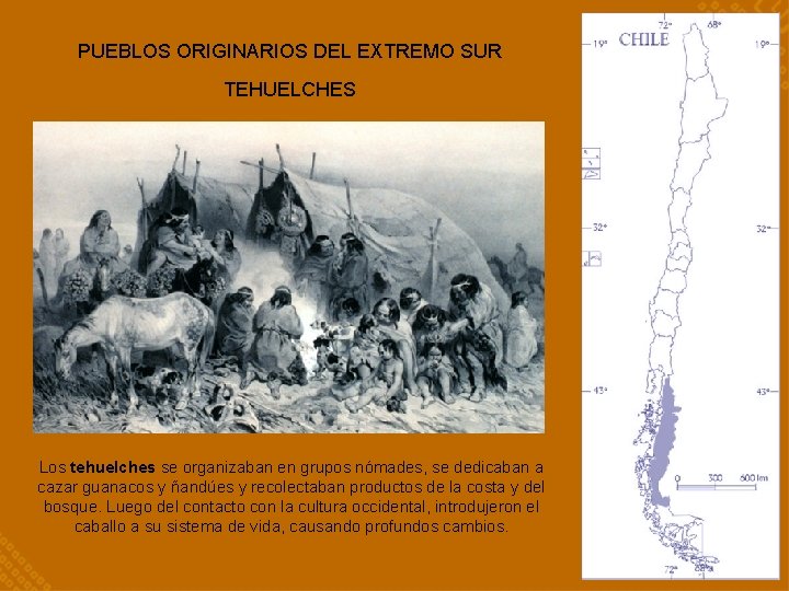 PUEBLOS ORIGINARIOS DEL EXTREMO SUR TEHUELCHES Los tehuelches se organizaban en grupos nómades, se