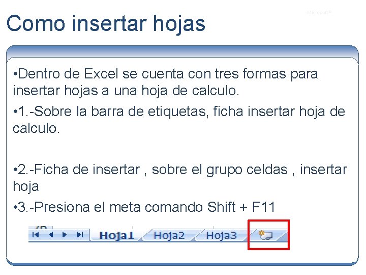 Como insertar hojas Microsoft ® • Dentro de Excel se cuenta con tres formas
