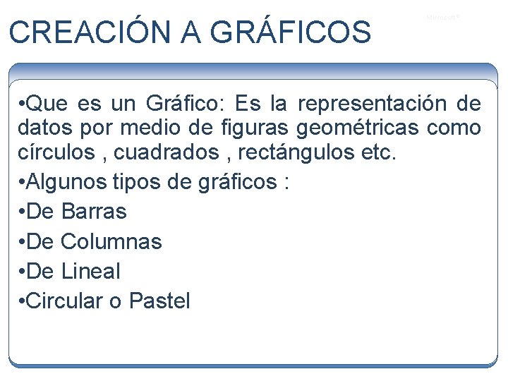 CREACIÓN A GRÁFICOS Microsoft ® • Que es un Gráfico: Es la representación de
