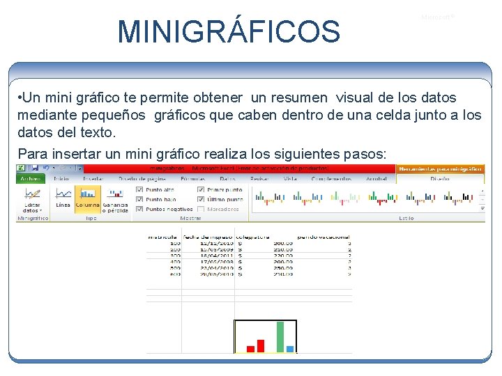 MINIGRÁFICOS Microsoft ® • Un mini gráfico te permite obtener un resumen visual de